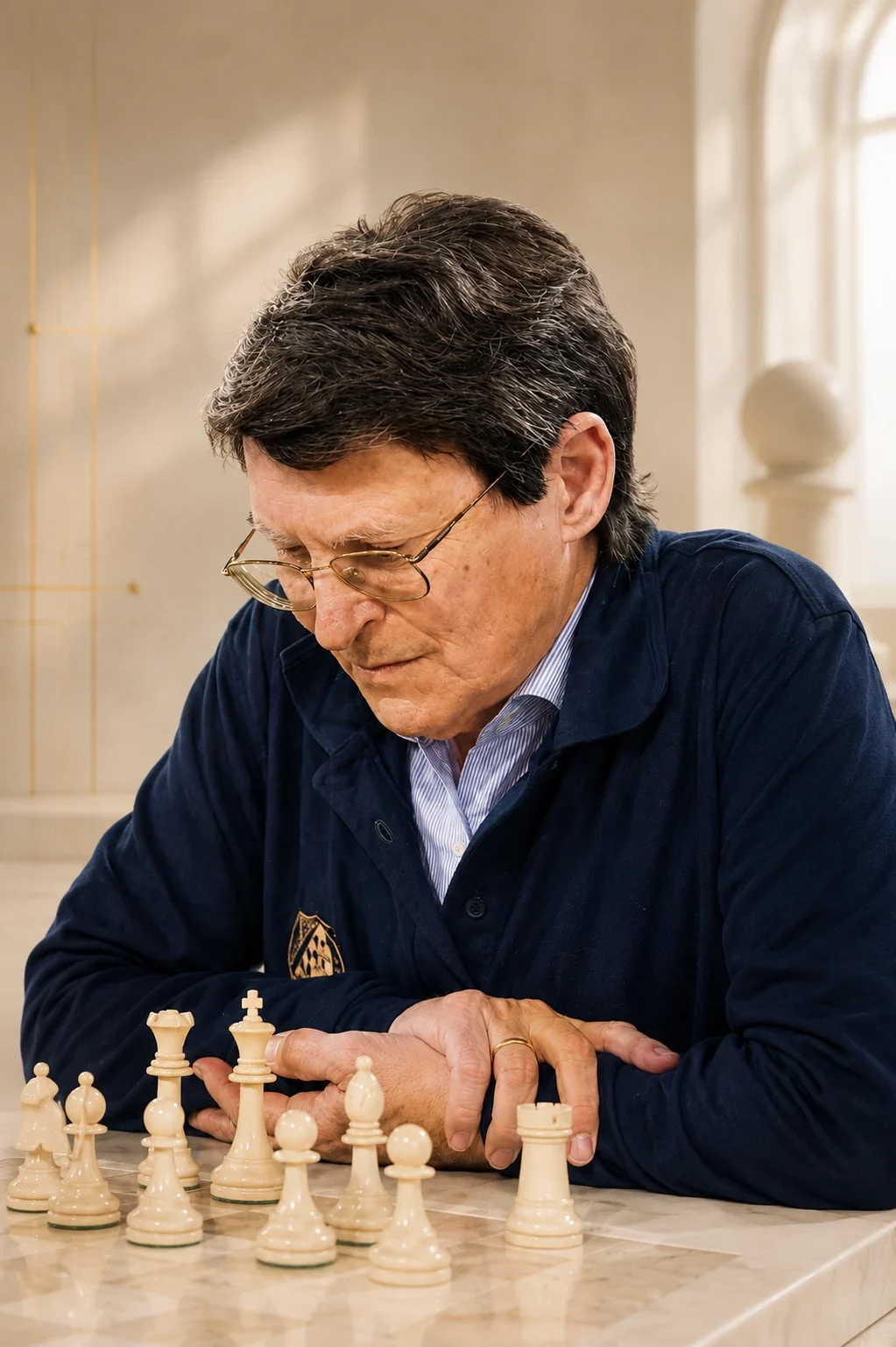 Retrato de Arturo Marín Corresa, con gafas y chaqueta azul, inclinado sobre un tablero de piezas blancas.