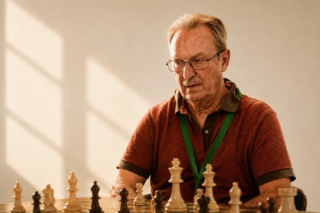Retrato de José Quiñonero Simón, con gafas y acreditación de torneo, durante una partida.
